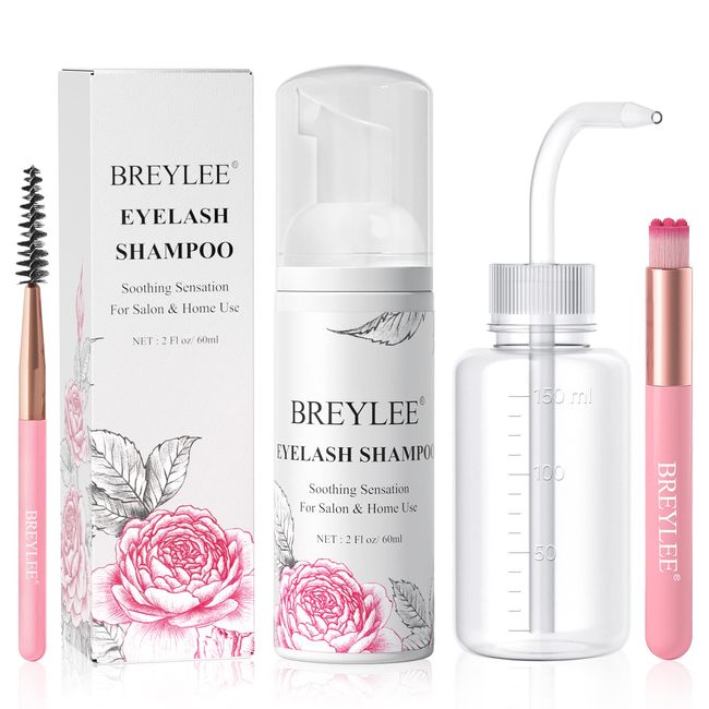 Wimpernverlängerung Shampoo 60ml + Rinse Bottle + Pinsel + Mascara Wand Augenlid Wimpernshampoo, BREYLEE Lash, Paraben & Sulfat frei, Make-up-Reinigungsschaum, Salon und Zu Hause verwenden