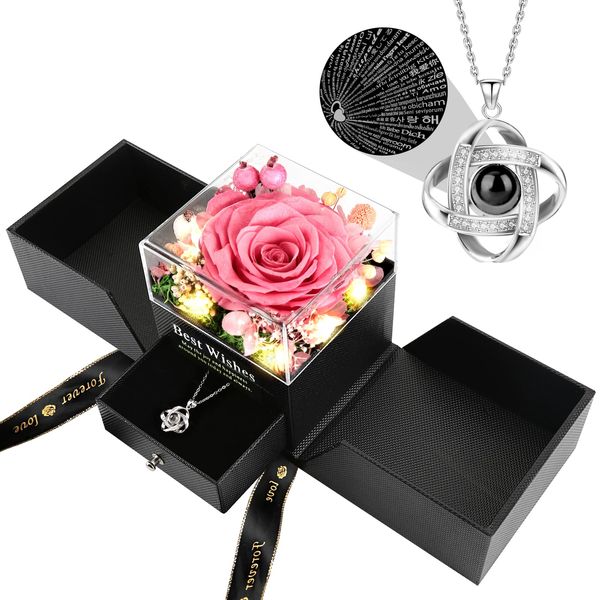 GIIFER Preserved Rose Flower Gifts with I Love You Necklace, Eternal Flowers Rose for Christmas,Valentines, Mothers Day, Anniversary,Wedding, Birthday Gifts for Women, Mom,Wife,Girlfriend,Grandma-Pink