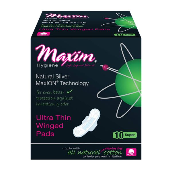MaxION® Natural Cotton Ultra Thin Winged Sanitary Pads, Unscented, Trifold Wrapped, with Silver ION Tourmaline Odor Protection, Nighttime/Super Absorbency, 10 Count, 1 Pack