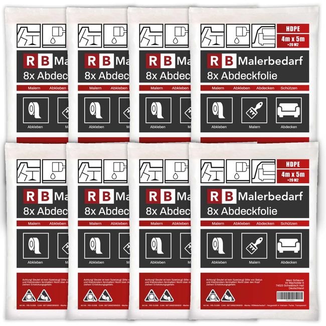 RBMalerbedarf - 8x Abdeckfolie Maler - 4x5m Plastikfolie - Malerfolie für Möbel & Fenster - Rundum Schutz gegen Staub & Farbe - Perfekt für Malerarbeiten - Folie für Maler Stark - Malerplane 160qm