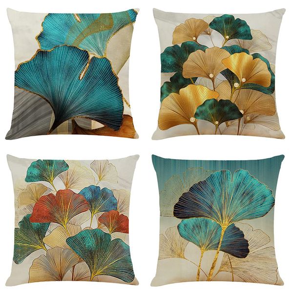 NIULAA Set of 4 Cushion Covers 16 x 16 Modern Teal and Gold Leaves Decorative Throw Pillow Cases Ginkgo Home Decor Square Cushion Covers 40cm x 40cm