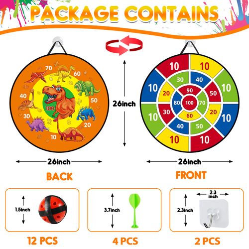Dartboard for Children - 26 inches, Montessori Toy Dinosaur Theme Dart Board with 12 Balls Board Games Toy, Opole Sided Safe Game Gift Outdoor Indoor Game Choice, 66 cm