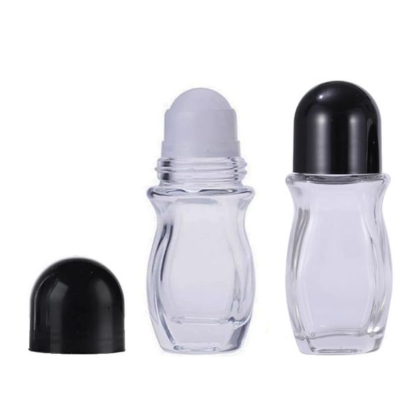 TOPWEL 2PCS 50ml/1.69oz Empty Clear Deodorant Glass Roller Bottles Refillable Massage Roll-On Bottles Containers with Plastic Roller Ball and Black Cap for DIY Deodorant Massage Oil Aromatherapy