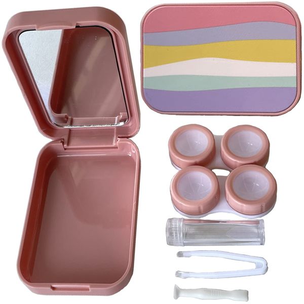 Xeahung Pink Contact Lens Case Travel Kit Portable Contact Case with Mirror Tweezers Remover Tool Solution Bottle for Daily Outdoor Office