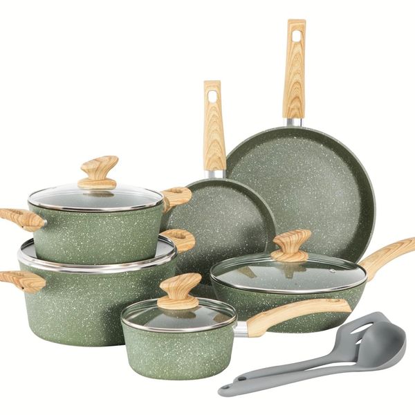 12Piece Kitchen Induction Cookware Set Granite Non Stick Pots and Pans Set w/Lid