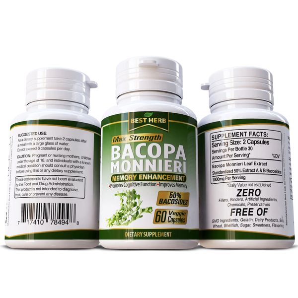 BACOPA MONNIERI EXTRACT SUPPLEMENT 60 VEGGIE CAPS Memory Brain Nootropic Pills