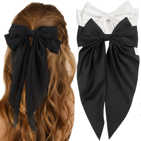 Silky Satin Hair Bows,Big Black Bow and White Bow Set Bowknot Metal Spring Clip Oversized Long Tail Hair Ribbons Ponytail Holder French Barrettes Hair Accessories for Women (2pcs, Black + White)