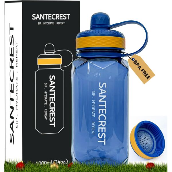 SanteCrest Water Bottle 1L - BPA Free water bottle Non-Toxic Durable Plastic with Easy Holding Sleeve, Fruit Infusion Strainer, Heat Resistant Dishwasher Friendly - Ideal for Gym, Sports (Blue)