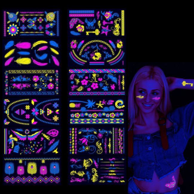 IOSPKKIO® 12 Stücke Klebetattoos, Neon-Tattoo-Aufkleber, fluoreszierend, wasserdicht, für Körper, Schwarzlicht-Make-up, schaffen eine Partyatmosphäre, für Frauen und Männer