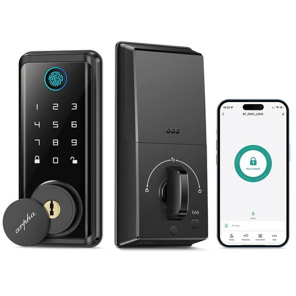 Arpha Security Smart Lock D601-100 Code Fingerprint Keyless Entry Door Lock, 16 Anti-Peeking Passwords App Remote Control, Front Door Smart Lock Deadbolt One Time Code, IP54 Waterproof Zinc Alloy…