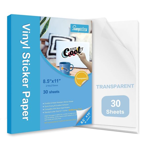 Stampcolour Printable Vinyl Sticker Paper,Transparent 30 Clear Self-Adhesive ...