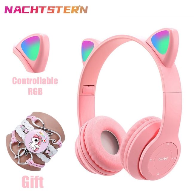 Wireless Earphones Rgb With Rabbit Ears Headset Mic Cute Girls Music  Bluetooth