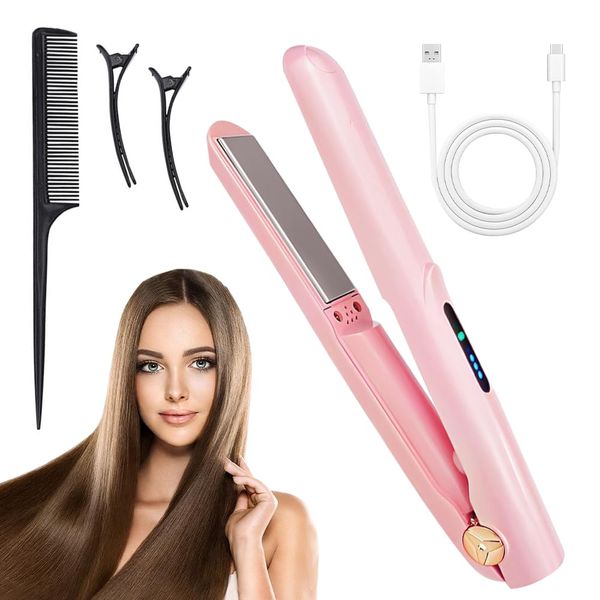 HOVCEH Cordless Hair Straighteners, 2 in 1 Hair Straightener and Curler, Mini Hair Straightener with 3 Adjustable Temperature, Hair Straighteners for Women, USB Rechargeable Straightener (Pink)