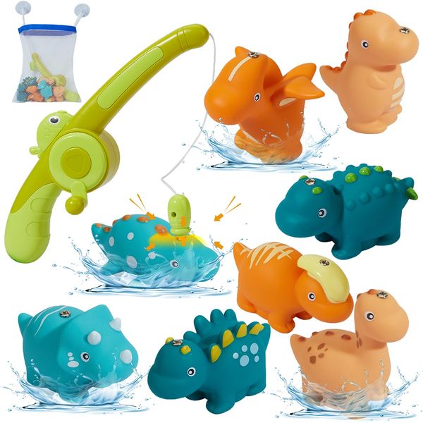 Bath Toys for Kids Ages 1-3 - Magnetic Fishing Toy with Fishing Rod, 8PCS Water Table Toys Soft Rubber Dinosaurs Fishing Game Floating Pool Bathtub Water Toys for Age 1 2 3 4 Year Old