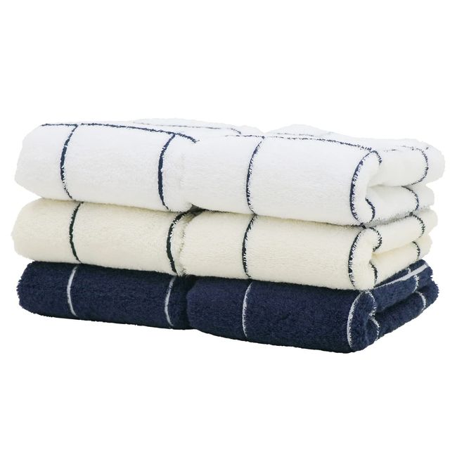 Freely Towels, Face Towels, Set of 6, 13.4 x 31.5 inches (34 x 80 cm), 100% Cotton, Thick, Plain, Washable, Summer Towels, Water Absorption (Graph White 2, Graph Ivory, 2 Graph/Navy)