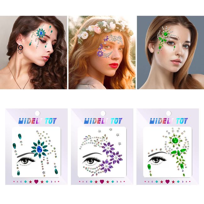 3 Style Face Gems Glitter Face Tattoos for Festival Party Crystal