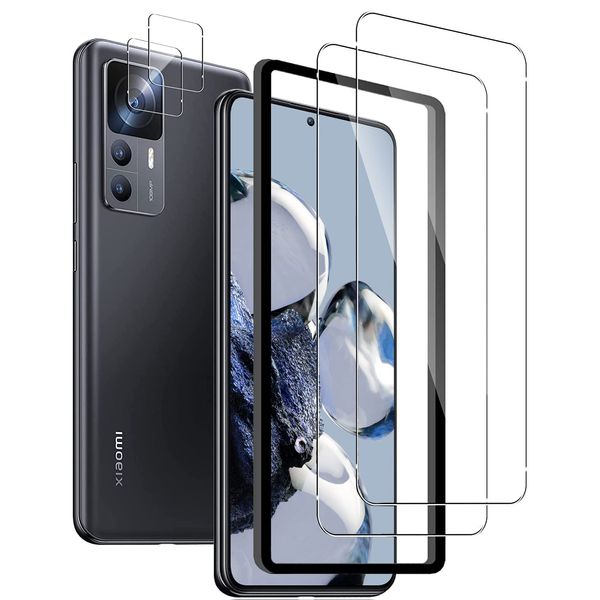 [Set of 2 + 2] For Xiaomi 12T/12T Pro Glass Film (2 Sheets) + Camera Film (2 Sheets) [Kakuki] Xiaomi 12T / 12T Pro Lens Protective Film with Guide Frame Full Protective Film 9H Hardness High