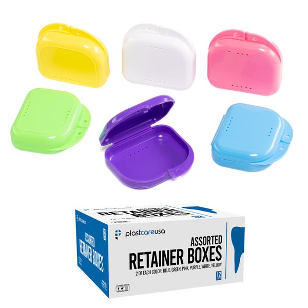 Assorted Retainer Case Box of 12 Individually Sealed, Dental Storage Container for Aligners, Mouth Guards - Yellow, White, Pink, Green, Purple, Blue