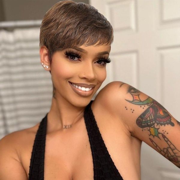 Pixie Cut Wig Human Hair Chocolate Brown Short Human Hair Wigs for Women Short Straight Hair Wigs with Bangs for Black Women Full Machine Made Wigs Brown Short Hair Glueless Wigs Human Hair (4#)