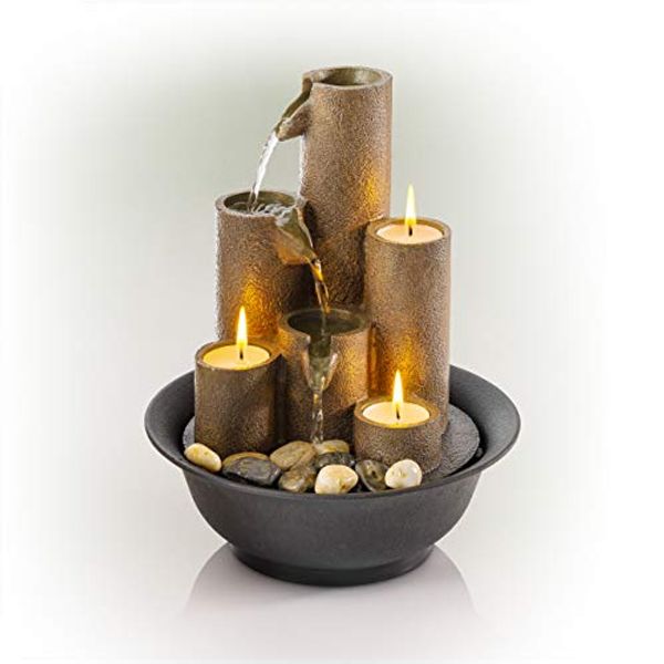 Alpine Corporation WCT202 Tiered Column Tabletop Fountain w/ 3 Candles, 11 Inch Tall, Brown