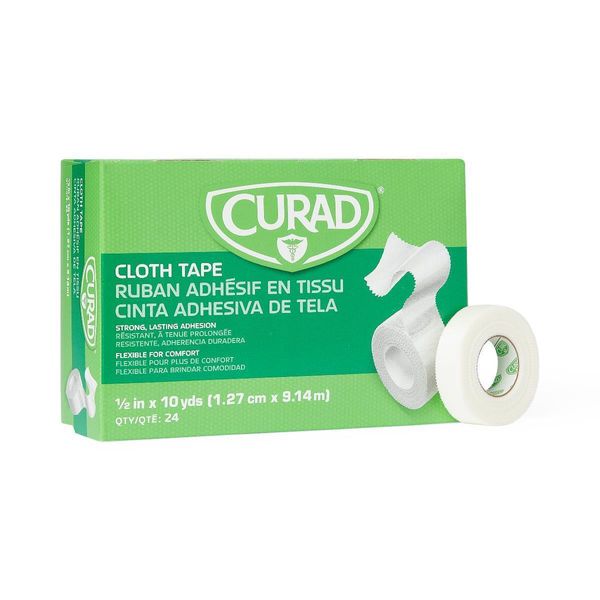 CURAD Silk-Like Cloth Adhesive Tape, 1/2" x 10 yd., Box of 24 Rolls