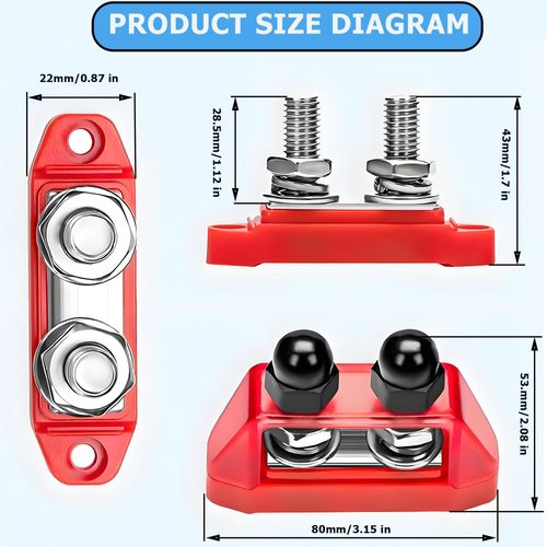 AMAKE Marine busbar 12V 250A Distribution Block 12-Volt DC busbar 3/8 "Column busbar Battery Terminal Block 12V DC car Truck Ship Tugboat Motor Solar Wiring, Ring Terminal Pair red and Black 1 Pair