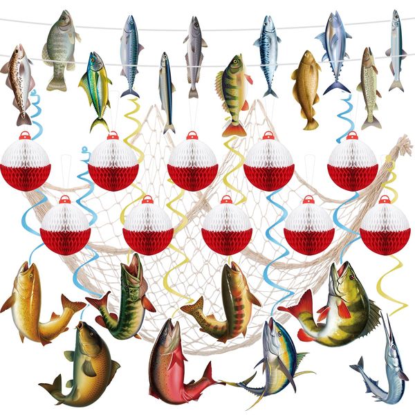 Gone Fishing Party Decorations Fish Decorations Fishing Party Banner Cotton Fish Net Decorations Fishing Bobber Honeycomb Balls Fish Hanging Swirls Fishing Theme Birthday Party Supplies