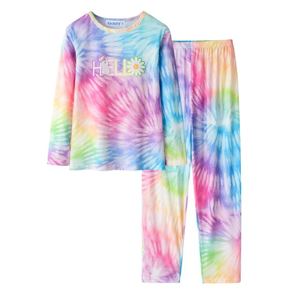 CYCHELRY Cute Tie Dye Cat Pajamas for Tween Girls Long Sleeve and Pants PJS Little & Big Kids Sleepwear 2-piece Set Size 16