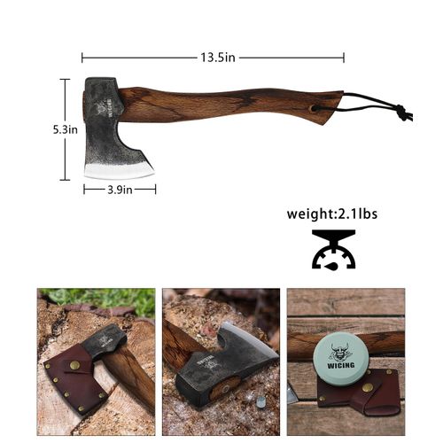 WICING 13.5 Inch Hatchet, Camping Axes and Hatchets 1055 Carbon Steel and Beech Handle, Survival Hatchet with Leather Sheath