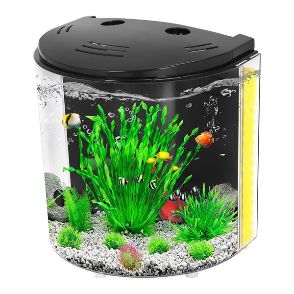 AQUANEAT Fish Tank, 1.2 Gallon Aquarium, Small Betta Fish Tank Starter Kit with LED Light and Water Filter Pump, Round