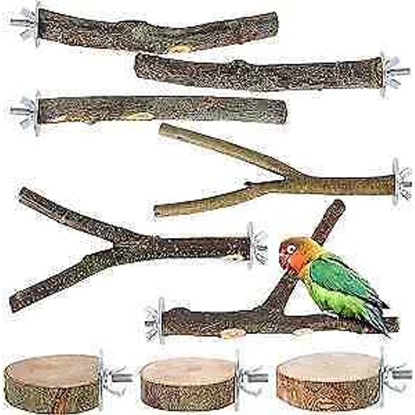 9 Pieces Natural Wood Bird Perch Bird Cage Accessories Cockatiel Toys Parrot