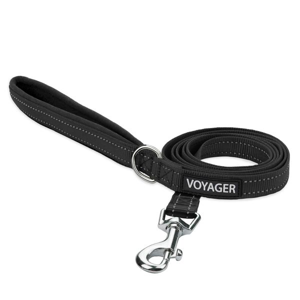 Voyager Reflective Dog Leash with Neoprene Handle, 5ft Long, Supports Small, Medium, and Large Breed Puppies, Cute and Heavy Duty for Walking, Running, and Training - Black (Leash), S