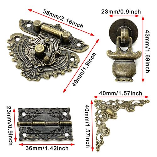 Retro Jewelry Box Antique Lock Latch Hasp Latches Buckle Vintage Bronze Engraved Hinges Drawer Handle Box Corner Protectors and Box Feet Legs with Screws for Decorative Small Wood Storage Makeup Box