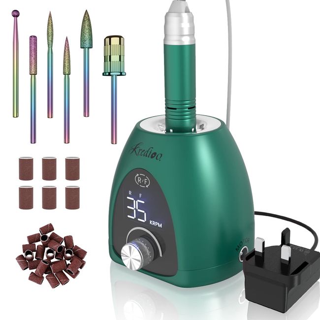 Kredioo Electric Nail Drill, Professional 35000RPM Electric Nail Files for Acrylic Nails and Gel Polish, Nail Drill Machine with Pause Button and LED Display for Nail Salon Gifts Beauty, 36W, Green