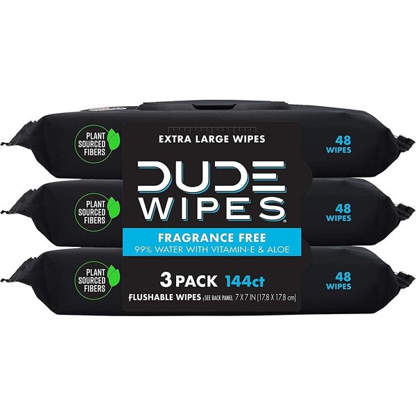 Dude Wipes Flushable Wipes Dispenser (3 Packs 48 Wipes), Unscented Wet Wipes wit