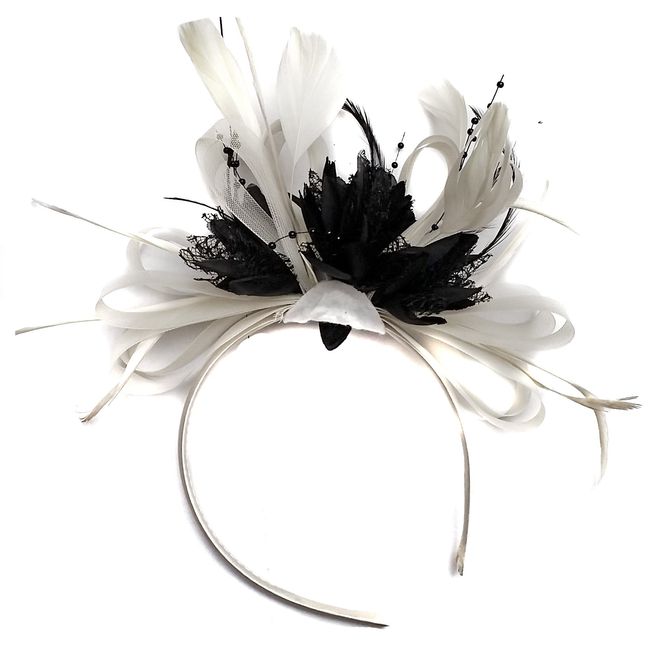 Caprilite Fashion White and Black Net Hoop Feather Hair Fascinator Headband Wedding Royal Ascot Races