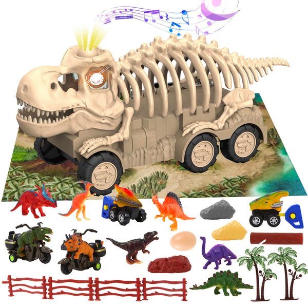 Dinosaur Truck Toy, Dinosaur Transport Skeleton Car with Sounds and Lights, 6 Dino Figures, 4 Mini Dino Cars, Activity Play Mat, Dinosaur Eggs & Trees Educational Science Kit for Boys and Girls