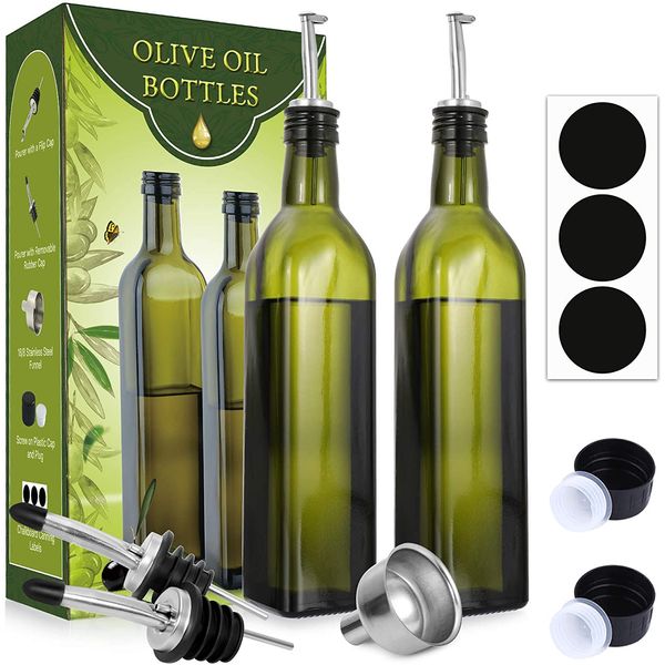 AOZITA [2 PACK] 17 Oz Glass Olive Oil Dispenser Bottle Set - 500Ml Dark Green Oi