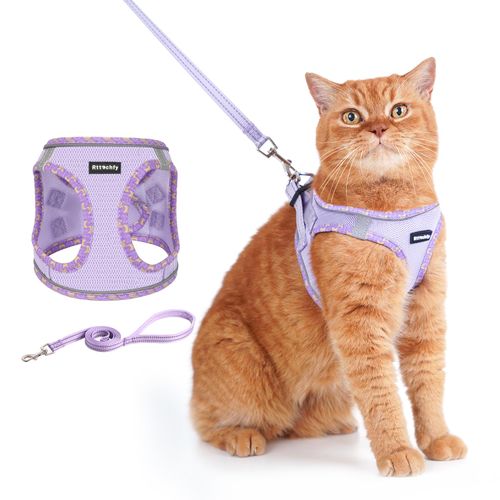 Rttochfy Cat Harness and Leash Set, Escape Proof Kitten Harness, Soft and Breathable Vest with Reflective Strip, Easy to Wear for Cats Walking and Traveling (Purple, XS)