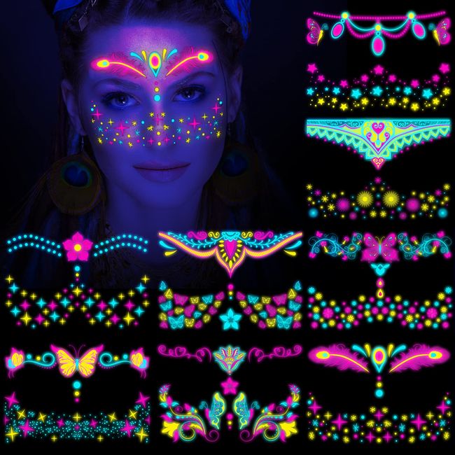 HOWAF 8 Neon Tattoos Face Tattoos, Neon Glow In The Dark Tattoos UV Tattoos Blacklight Neon Glow Fake Tattoos Neon Accessories Neon Temporary Tattoos for Women Men Glow Party Neon Party Decorations