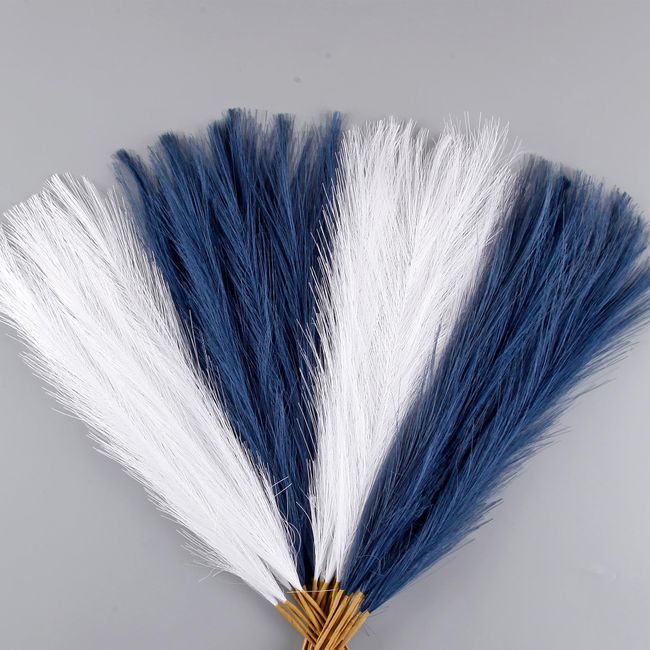 Acfruits Blue and White Pampas Grass Decor, 30 Pcs 17" Faux Pampas Grass Short Decor, Pompas Grass Flower Arrangement and Vase Filler for Boho Home Wedding Decoration