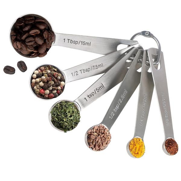 18/8 Stainless Steel Measuring Spoons Set of 6 Piece - 1/8 tsp, 1/4 tsp, 1/2 tsp, 1 tsp, 1/2 tbsp & 1 tbsp, Metal Measuring Spoons Tablespoon and Teaspoon for Measuring Liquid and Dry Ingredients