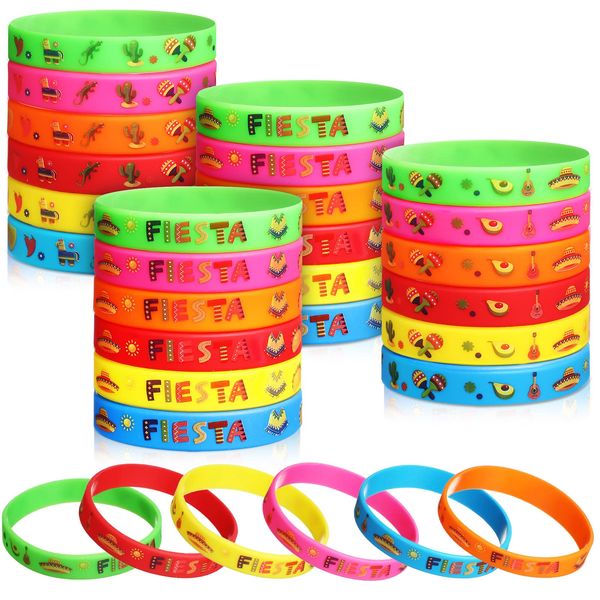 Xinnun 24 Pcs Mexican Fiesta Rubber Bracelets Fiesta Party Silicone Wristbands Mexican Party Favors with Taco Cactus Pinata Pattern for Let's Fiesta Cinco de Mayo Party Kids Gift Bag (Fiesta)