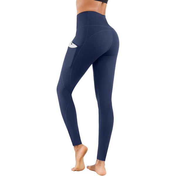 Lingswallow High Waist Yoga Pants - Yoga Pants with Pockets Tummy Control, 4 Ways Stretch Workout Running Yoga Leggings (Navy, Large)