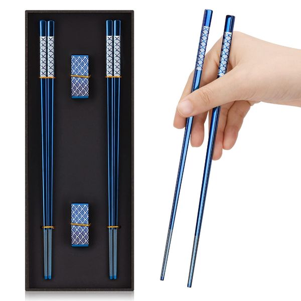 TIICOO Metal Chopsticks Reusable 2 Pairs Titanium Stainless Steel 18/8 Chopsticks with Holder, Dishwasher Safe Lightweight Korean Japanese Chinese Chopsticks Gift Set(Blue)