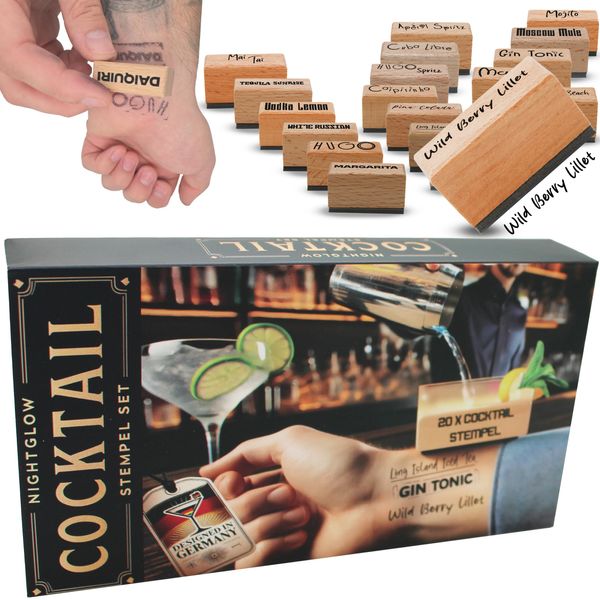 NIGHTGLOW Barkeeper Stempel Set | Cocktail-Bar Deko Cocktail Zubehör - 20 einzigartige Stempel Bar Zubehör Events & Feiern - Perfekt für Dekoration und Themen-Partys Bar Deko