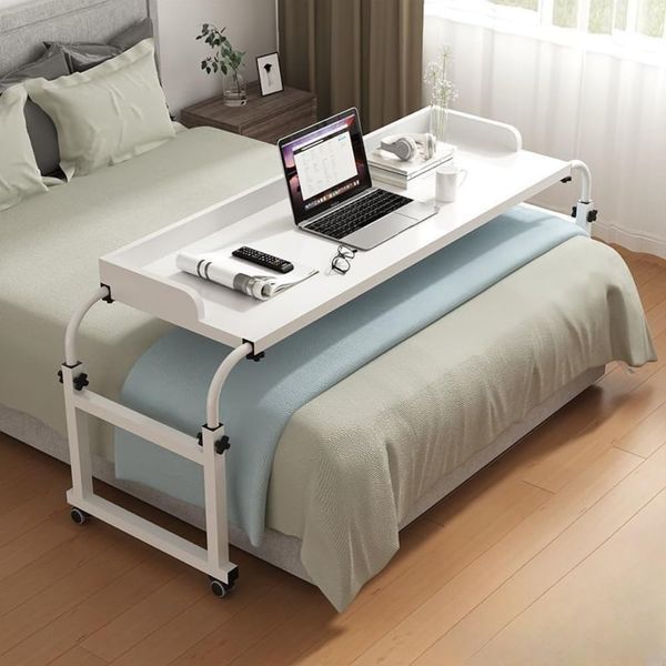 Aeroor Expandable Rolling Overbed Table, Computer Desk, Height Adjustment, Width Adjustment, Wheels, Manual Lifting, Side Table, Nursing Bedside Table, Mobile for Home and Office (White, 55.1 x 17.3