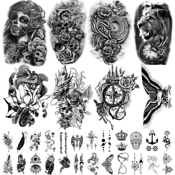 NPJICHEN 32 Sheets Temporary Tattoo, 8 Sheets Fake Tattoo Sticker Eagle Lion Skull for Men Women, 24 Sheets Tiny Black Tattoos for Body Arm Chest Shoulder