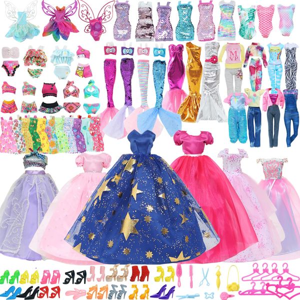 60pcs Doll Clothes and Accessories Fashion Dress Wedding Gowns, Daily Tops Pants Outfits Jumpsuit Swimsuits Bikini, 10 Mini Dresses Skirts, Shoes Hangers Dollhouse Accessories for 11.5 inch Girl Doll