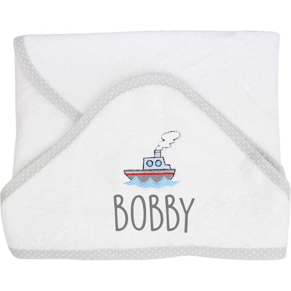 Personalised Sailing Boat White Baby Bath Time Hooded Towel